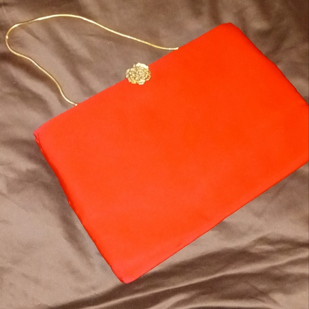 Ingber Vintage Red Satin Handbag / Clutch purse gold rose accent evening